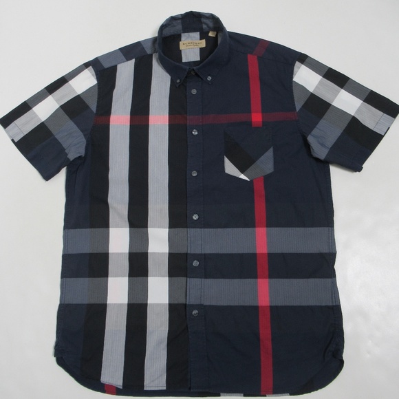 Burberry Men's Check Cotton Short Sleeve Shirt Navy Size XL - Picture 1 of 12
